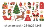 Christmas set with Santa Claus, elves, deer, sleigh, sack, tree, gifts, toys, mailbox, letters, stocking and candies. Santa mail. Holiday collection. Vector flat illustration isolated on white