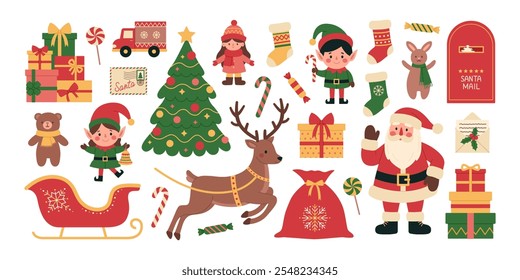 Christmas set with Santa Claus, elves, deer, sleigh, sack, tree, gifts, toys, mailbox, letters, stocking and candies. Santa mail. Holiday collection. Vector flat illustration isolated on white