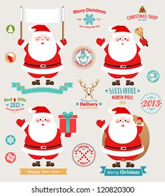 Christmas set - Santa Claus, emblems and other decorative elements. Vector illustration.