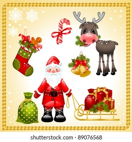 christmas set. Santa claus with gift box and sack on the sled,  stocking with red Christmas ball, candy and  cookie, candle with cone, deer  eat a pine branch. Vector illustration of isolated icon