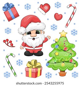 Christmas set with Santa Claus, gifts, candy canes, tree, berries, heart and mitten. Vector illustration on a white background with snow and snowflakes.