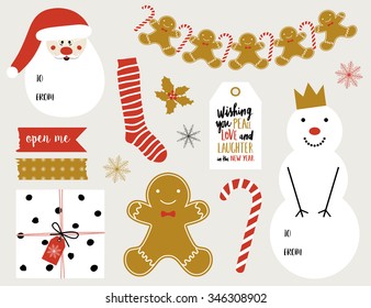 Christmas set with Santa Claus, gingerbread man, snowman, gift, label, socks, candy, washi tape and garland. Template for Greeting Scrapbooking, Congratulations, Invitations.