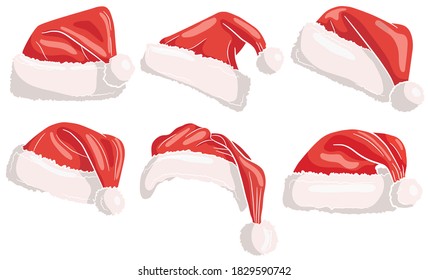 Christmas set of Santa Claus hats. New Years red hat isolated on white background. Vector illustration.