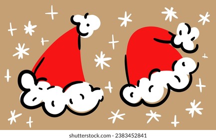 Fiesta navideña de sombreros de Santa Claus sobre un fondo de copos de nieve. El sombrero rojo de Año Nuevo está aislado en un fondo claro. Ilustración vectorial. Esbozo de Doodle