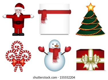 Christmas Set: Santa Claus, Letter Decorated with Red Scarf,  Christmas Tree, Christmas Candy, Snowman with Red Knitted Scarf, Red Gift Box with Gold Bow