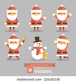 Christmas set - Santa Claus and other characters, different poses and different emotions. Vector illustration in flat style.