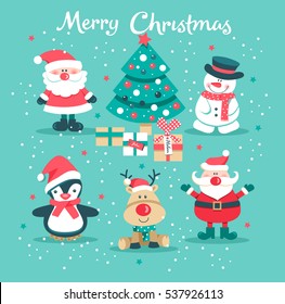 Christmas set with Santa Claus, snowman, reindeer, penguin and a Christmas tree. Vector illustration.