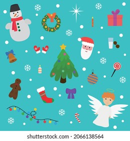 Christmas set. Santa Claus, spruce, snowman, snowflakes, gift, garland, angel, etc. Vector illustration.