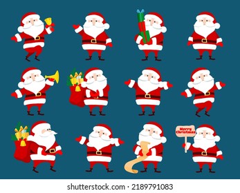 Christmas set Santa Claus stands, waves his arms, runs, rings a bell, carries a bag of gifts, reads a letter, holds a list, stands with gifts. Santa character design in cartoon flat style.