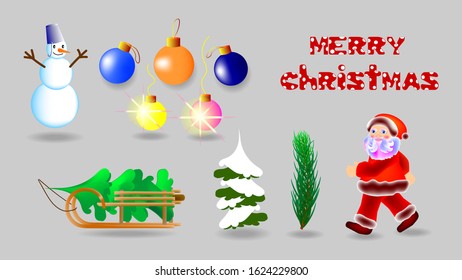 Christmas set. Santa Claus, Christmas tree on a sled and in the snow, Christmas tree branch, snowman, multi-colored balls, text Merry Christmas. Vector illustration.