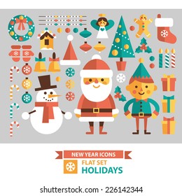 Christmas set - Santa Claus, winter characters,  holidays elements. Vector illustration in flat style.