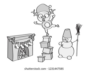 christmas set with santa deer fireplace with sock vector doodle style