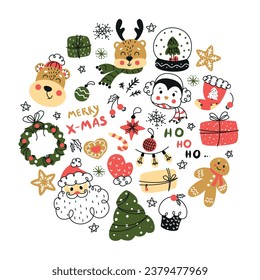 Christmas set with Santa, deer, gingerbread, Christmas elements for decoration, christmas doodle set,christmas theme,doodles, new year, santa claus, bear in hat
