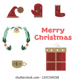 Christmas set Santa. Eve. Gift card. Red color vector illustration on white background.