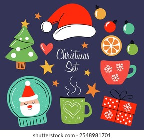 Christmas set with Santa hat, decorated christmas tree, mugs, gift box, snow globe and stars. Perfect for Christmas cards, decorations and new year projects. Vector illustration.