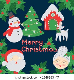 Christmas set with Santa, Mrs. Klaus, a snowman, a deer, a house and a decorated fir tree on a dark background