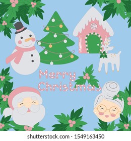 Christmas set with Santa, Mrs. Klaus, a snowman, a deer, a house and a decorated fir tree on a light background