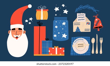 Christmas set. Santa, table setting, gift boxes, bell, jar with stars. Hand draw illustration
