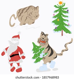 Christmas set. Santa, tiger, Christmas tree