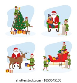 Christmas set with santa claus,elves,deer,сhristmas tree. Christmas character.Vector illustration isolated on white background.