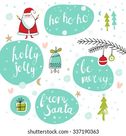 Christmas set with Santa, tree, jingle bell, Christmas decorations, and gift. Template for Greeting Scrapbooking, Congratulations, Invitations. Lettering collection. Vector illustration