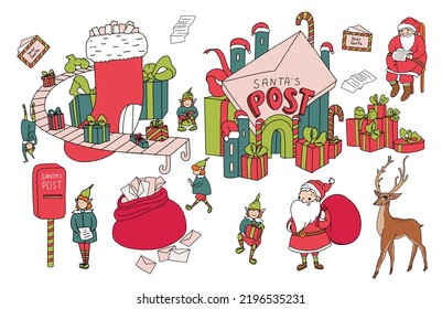 Christmas set with Santa's Workshop, post, office, house, gift factory, elves, deer, Christmas sock. Santa reading a letter. Santa's mailbox, bag with letters. New Year design elements