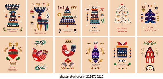 Christmas set in Scandinavian folk style with deers,  tree, gifts. Greeting Christmas cards	