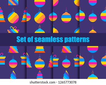 Christmas set of seamless pattern with colored Christmas balls. Greeting card with hanging striped balls. Vector illustration