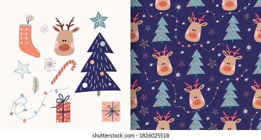 Christmas set with seamless pattern and cute winter elements, vector design