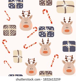 Weihnachtsset mit nahtlosem Muster und süßen Winterelementen, Hirsch, Geschenke. Vektorgrafik