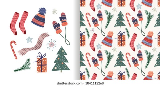 Christmas set with seamless pattern and cute winter cozy elements, vector design
