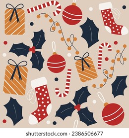 Christmas set with seamless pattern and cute winter cozy elements, vector design