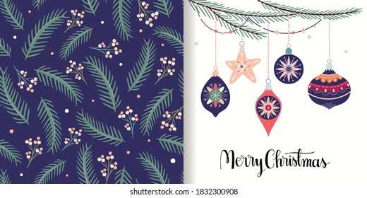 Christmas set with seamless pattern and greeting card, seasonal winter design