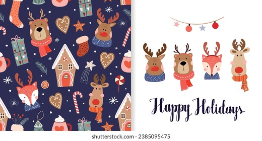 Conjunto de Navidad con un patrón sin fisuras, papel de pared, fondo y tarjeta de saludo, animales lindos con cuernos de reno, diseño estacional, vector