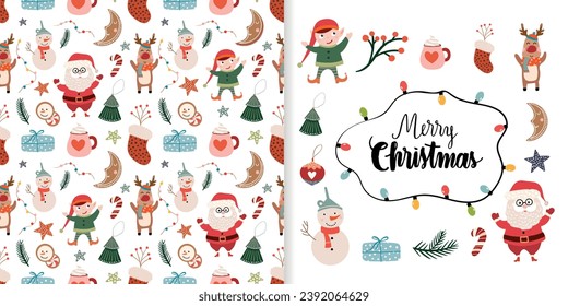 Christmas set with seamless pattern, wallpaper, background and greeting card, cute elements, Santa, snowman, reindeer, seasonal winter design
