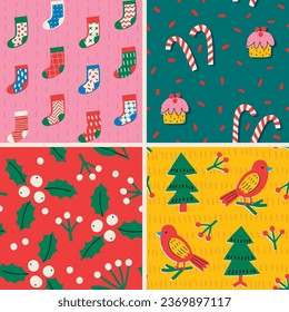 Christmas set of seamless patterns, hand drawn style - cute objects, socks, candy cane, holly berry, Santa Claus and other elements. Vector illustration.