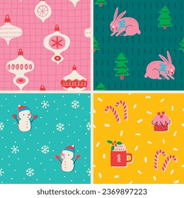 Christmas set of seamless patterns, hand drawn style - cute objects, snowmen, bunny, candy cane, baubles and other elements. Vector illustration.