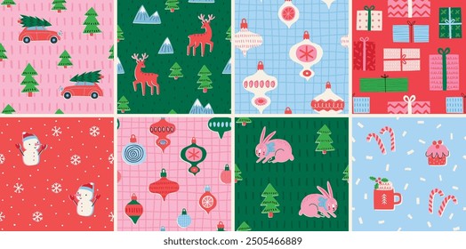 Christmas set of seamless patterns, hand drawn style - cute objects, gift boxes, Santa Claus and other elements. Vector illustration.