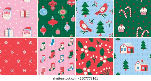 Christmas set of seamless patterns, hand drawn style - cute objects, gift boxes, Santa Claus and other elements. Vector illustration.