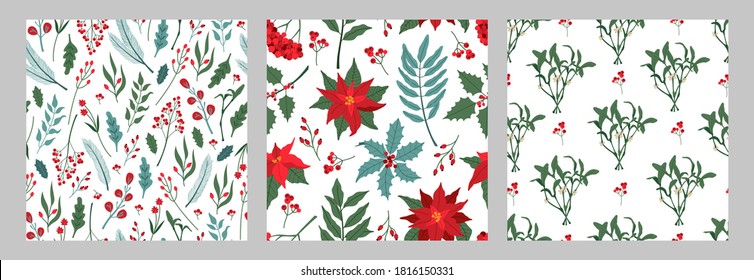 Christmas Set of seamless patterns with poinsettia, holly berry, rowan branches. Festive plants in Scandinavian style, American traditional trendy ornate for New Year and xmas, on white background.