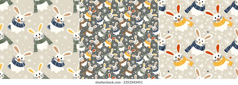 Christmas set seamless template with bunnies with warm scarves. Vector template with cute animals with green and blue scarves, drawn with simple shapes, for holiday printing on textile or object