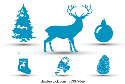 Christmas set. A selection of festive decorations and objects. Contains reindeer, ball, sock gifts, christmas tree, pinecone, candy cane.