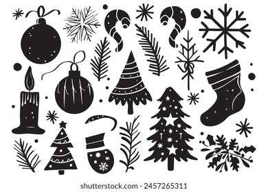 Christmas set of silhouettes for design on a white background, vector illustration