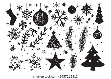 Christmas set of silhouettes for design on a white background, vector illustration