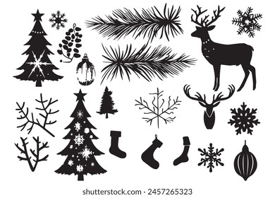 Christmas set of silhouettes for design on a white background, vector illustration