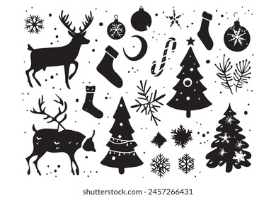 Christmas set of silhouettes for design on a white background, vector illustration