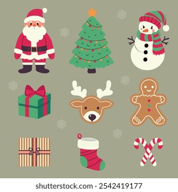 Christmas set, simple flat elements, Santa Claus, Christmas tree, gifts, gingerbread, snowman, Christmas sock