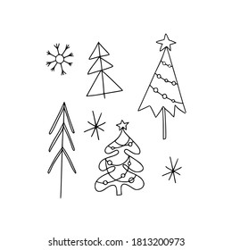 Conjunto navideño de simples árboles navideños hechos de triángulos, palos y círculos. Concepto de invierno festivo. Estilo Doodle. Ilustración vectorial en el fondo aislado. Para imprimir en tela, postales, web.