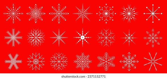 Christmas set simple white snowflake icons collection isolated on the red background. 10eps, for presentation, web design.