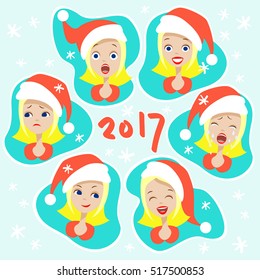 Christmas Set - six emotion faces of girls. Vector cartoon illustration. Woman expression emoticons face icons cute style in the hat of Santa Claus. Smile, happy, sadness, cry, scary, angry symbols.